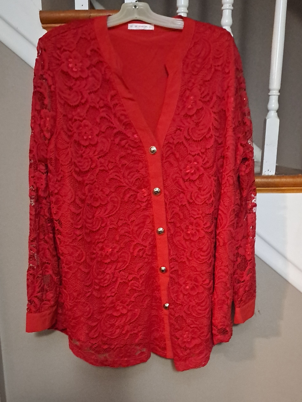 Rosegal Red Lace Button-Down Shirt with Gold Buttons